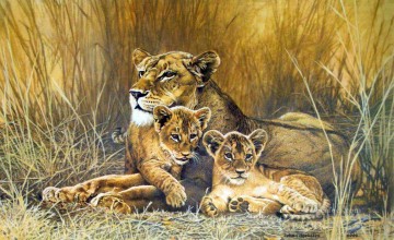 動物 Painting - 雌ライオンと子供たち 2